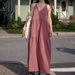 Pink Cotton Maxi Dress | Backless Summer Dress | Adjustable Straps | Layered